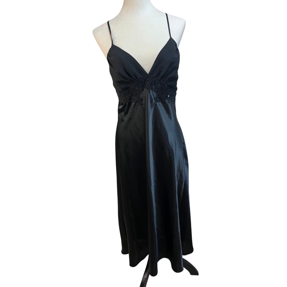 California Dynasty Black Satin Slip Dress | Size Large | Long Midi Tea Length